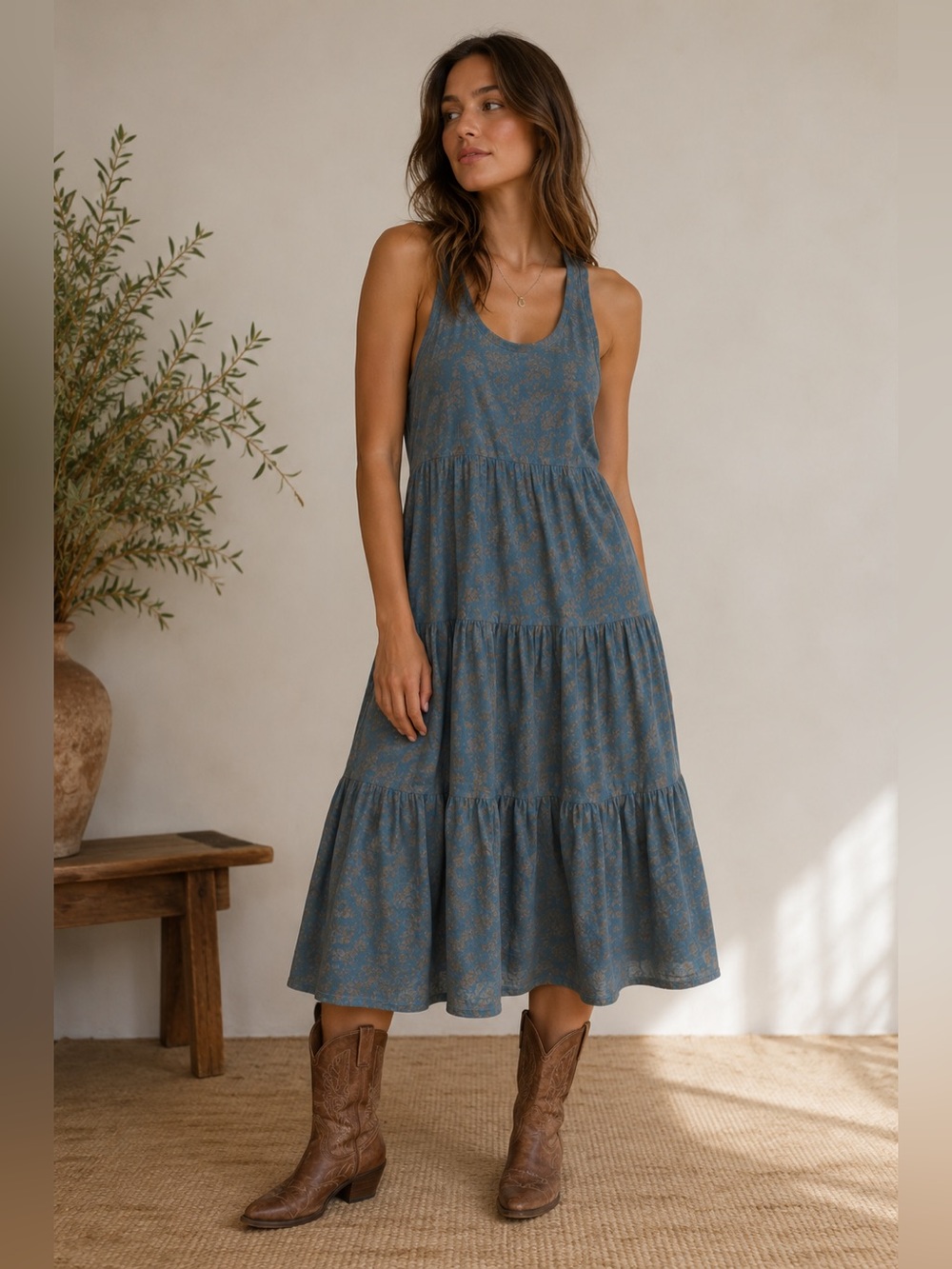 Coolwear Sleeveless Cottage-core Lagenlook Blue Floral Racerback Tiered Dress